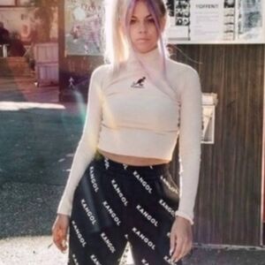 Kangol x H&M Sweater Crop Rib Knit Mock Turtle Neck Womens Beige